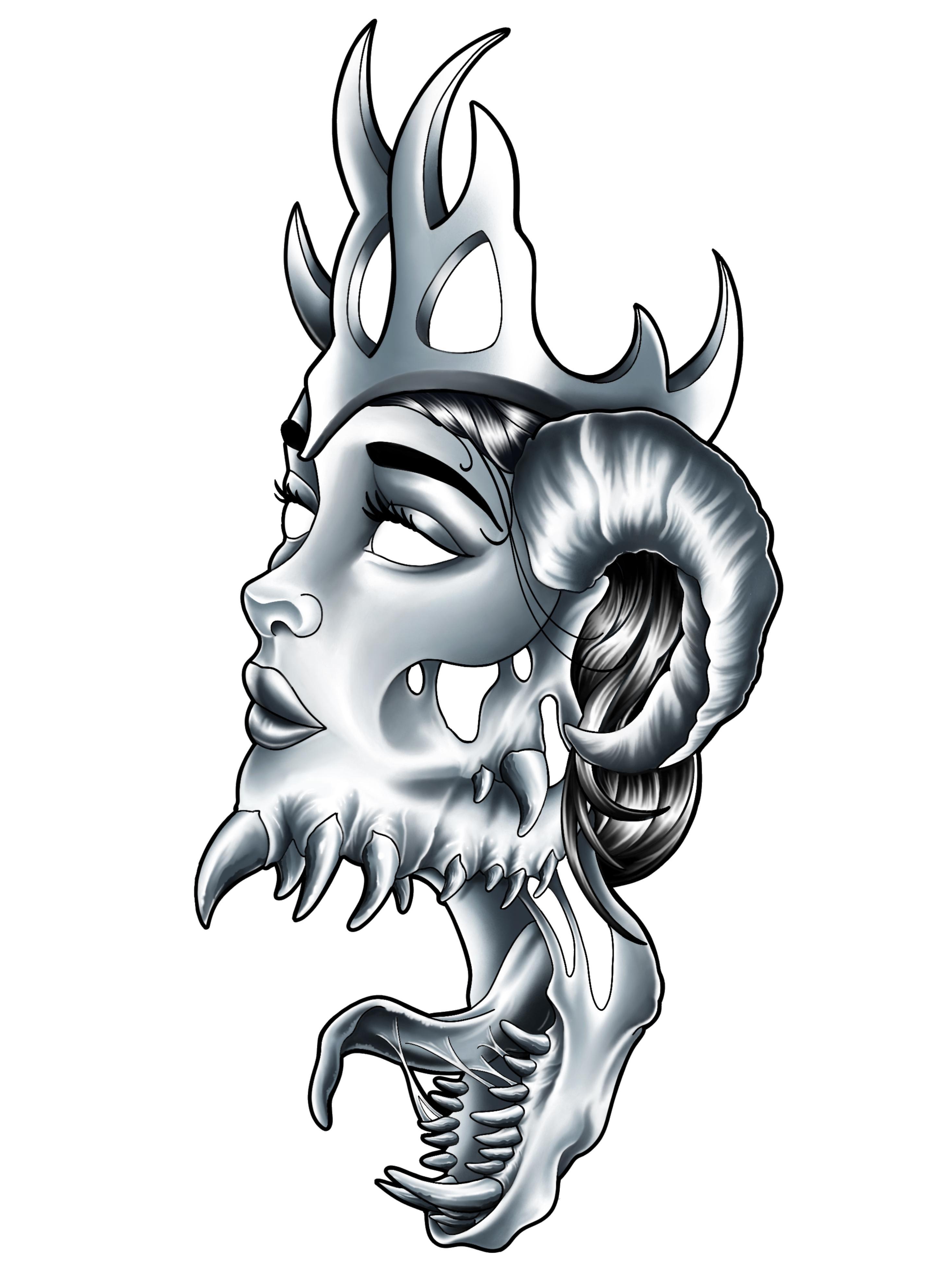 Queen character illustration with ornamental elements