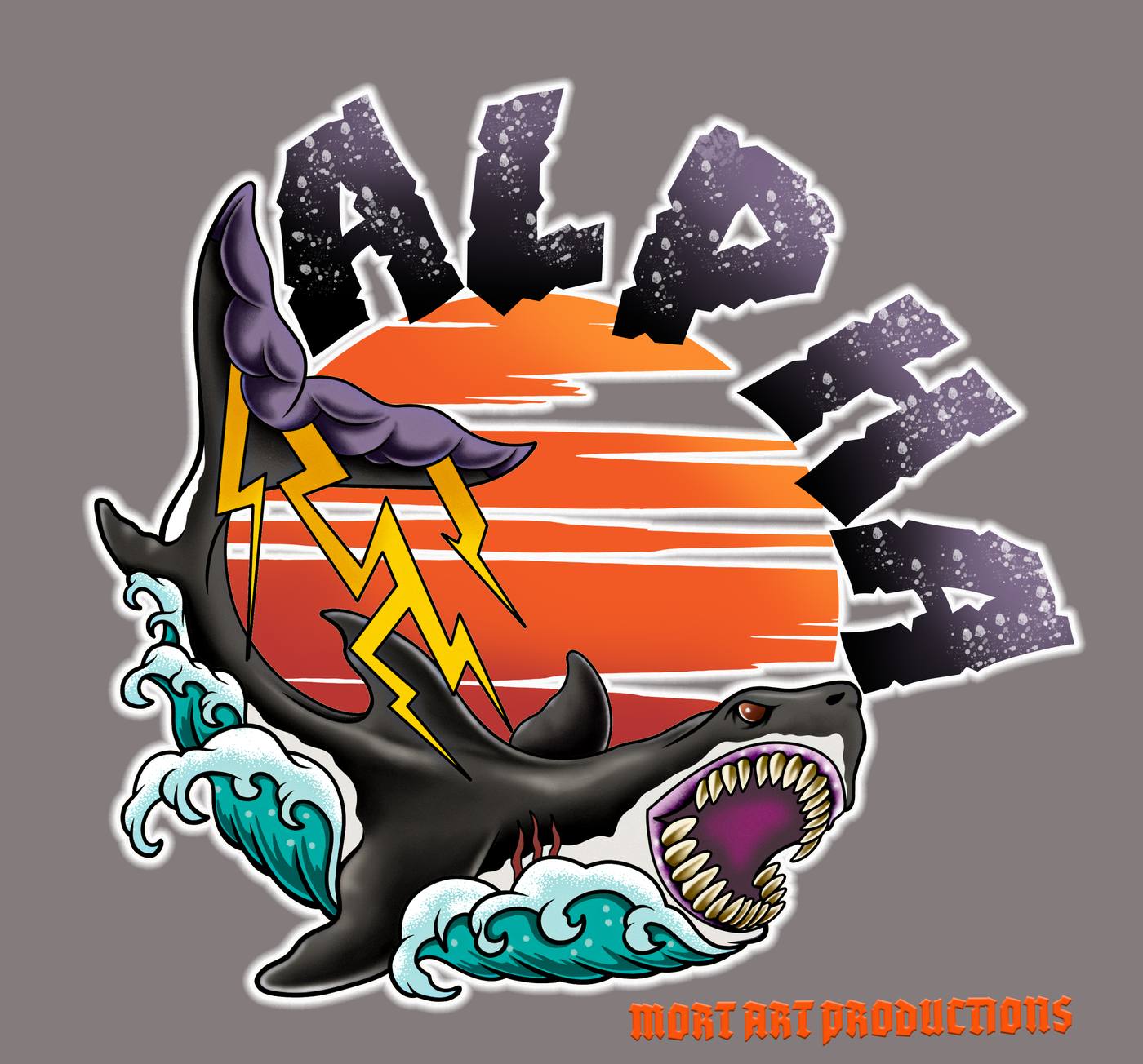 Alpha Shark — dark shark with retro sunset and stonework lettering