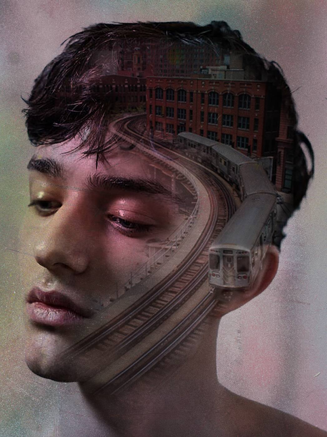 City Mind — young man's face with Chicago elevated train merged into skull