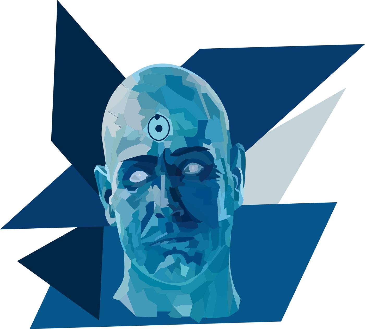 Dr. Manhattan low poly portrait — monochromatic blue geometric fragments