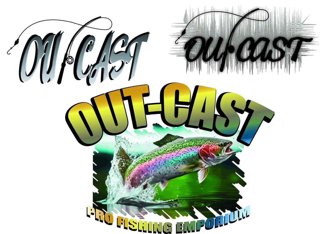 Out-Cast logo system — script, illustrated, and full color variants