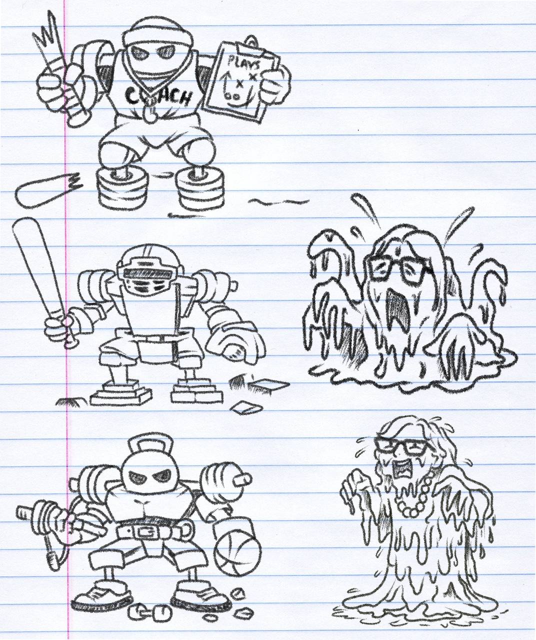 Initial character concept sketches — gym golem and goo teacher