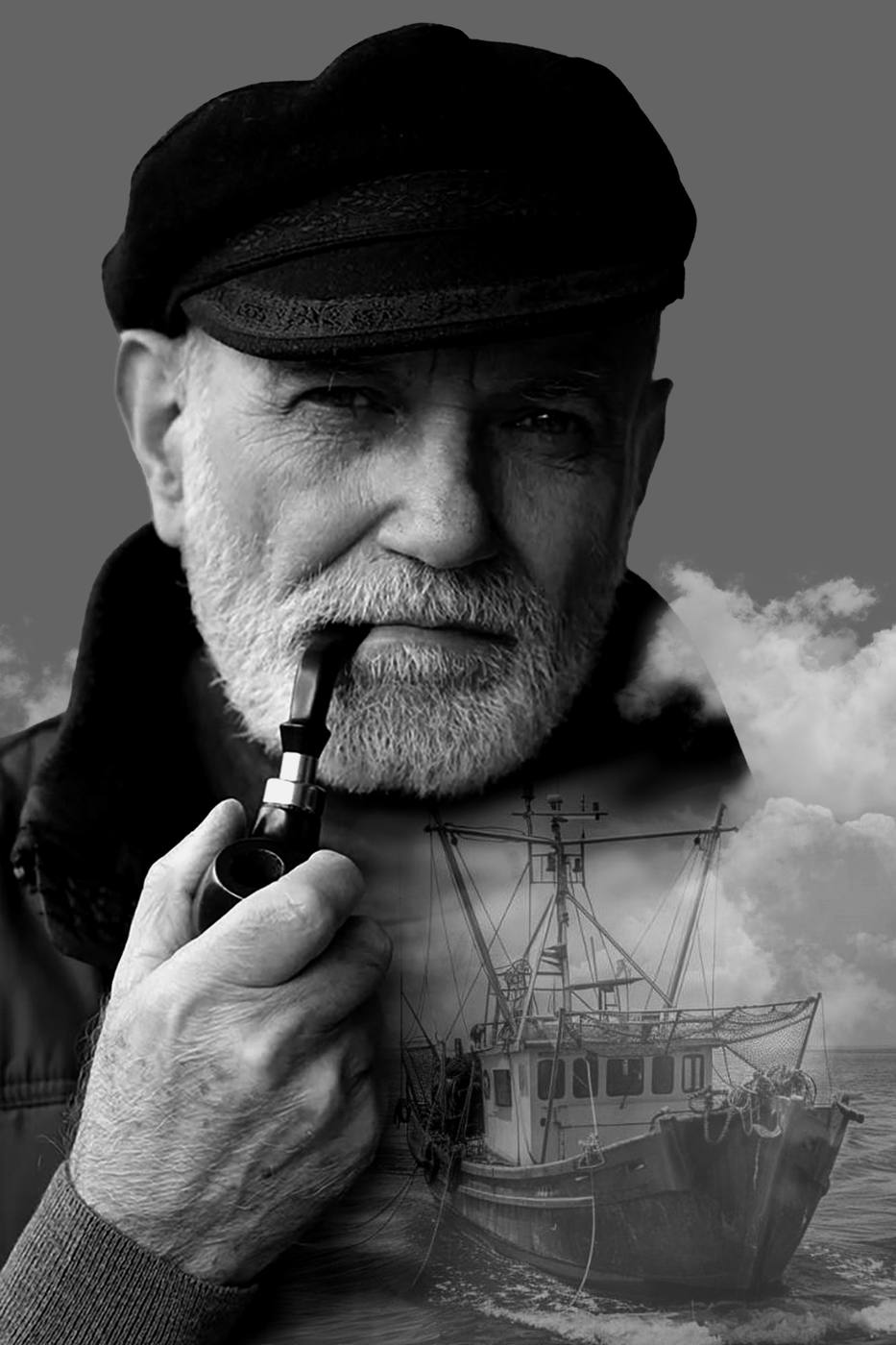 Captain — sea captain portrait with fishing vessel double exposed