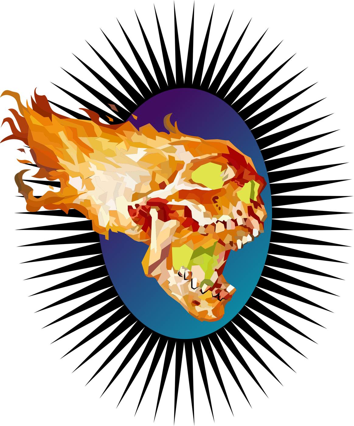 Ghost Rider low poly — flaming skull with comic ray burst