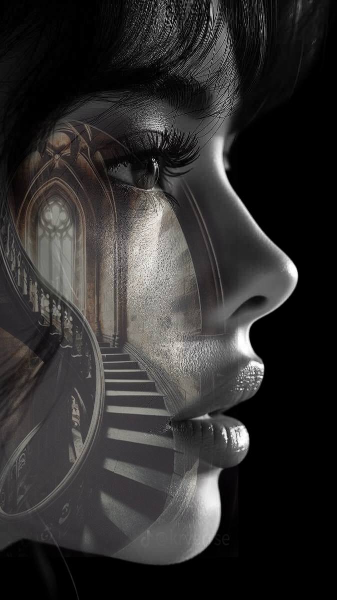 Mind's Eye — woman's profile with gothic cathedral and spiral staircase double exposure