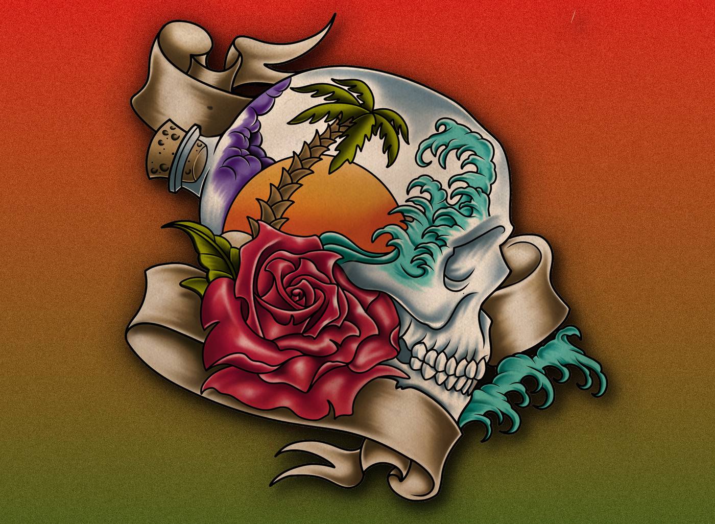 Old School Skull and Rose — American traditional tattoo flash with tropical scene