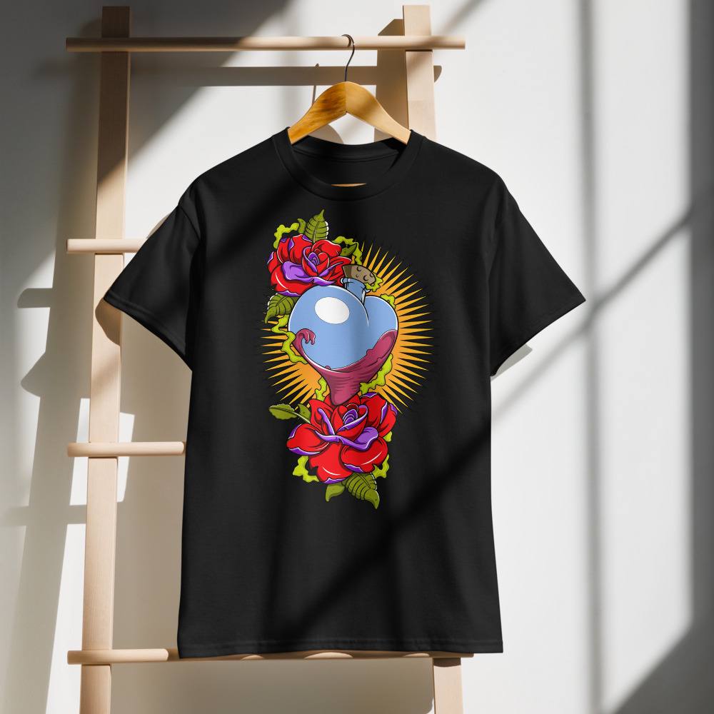 Sacred Heart on black sports tee — hanging on wooden ladder