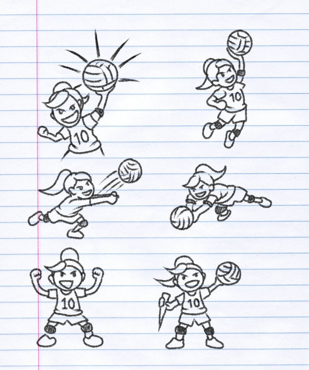Volleyball player hero concept sketches — 6 action poses